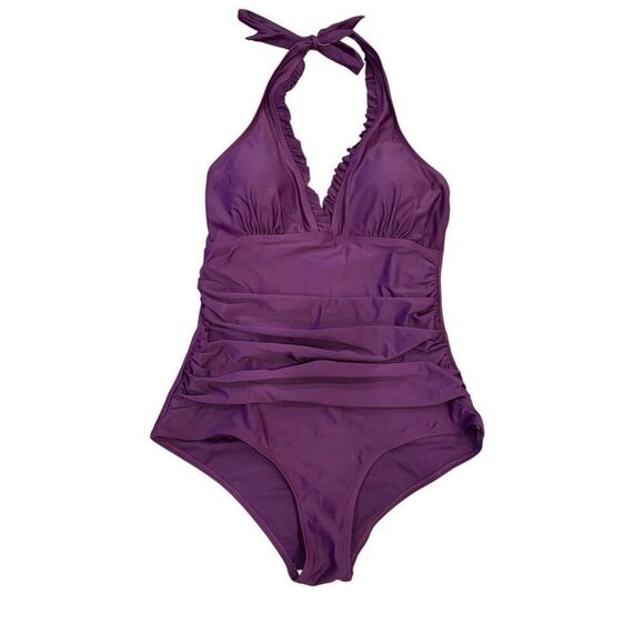 Ruffled V Neck One Piece Swimsuit Cranberry Purple Size S - Picture 1 of 11